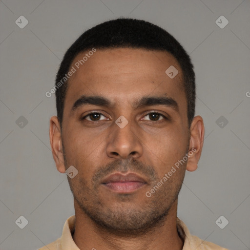 Neutral latino young-adult male with short  black hair and brown eyes