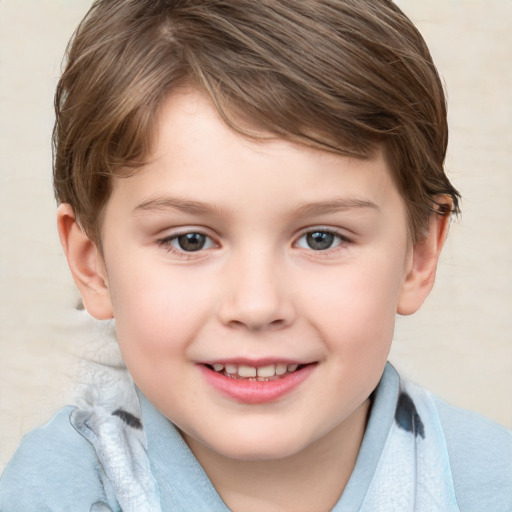 Joyful white child female with medium  brown hair and grey eyes