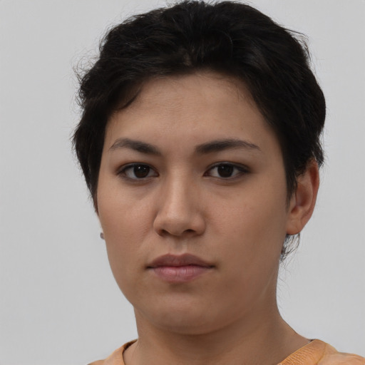 Neutral asian young-adult female with short  brown hair and brown eyes