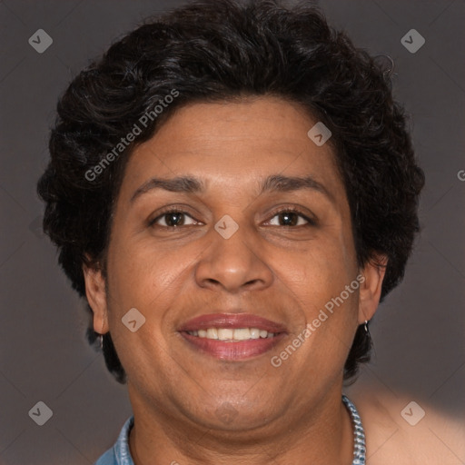 Joyful white adult female with short  brown hair and brown eyes