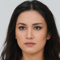 Neutral asian young-adult female with long  brown hair and brown eyes