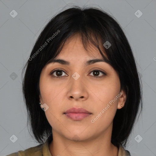 Neutral asian young-adult female with medium  brown hair and brown eyes