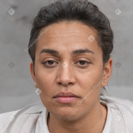 Neutral white adult female with short  brown hair and brown eyes