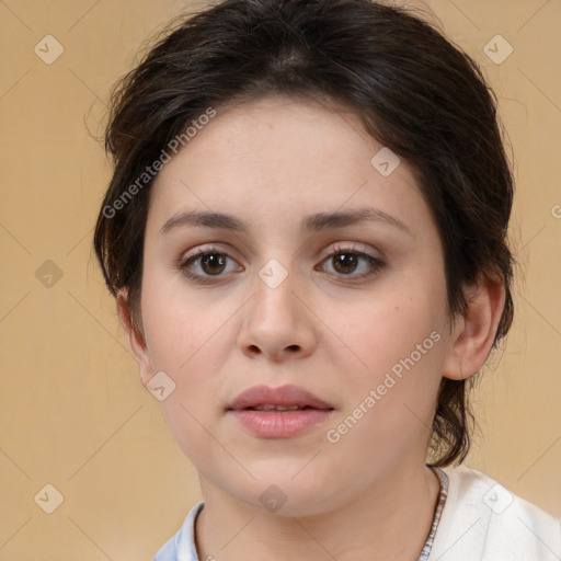 Neutral white young-adult female with medium  brown hair and brown eyes