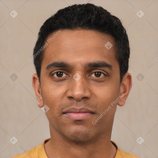 Neutral latino young-adult male with short  black hair and brown eyes
