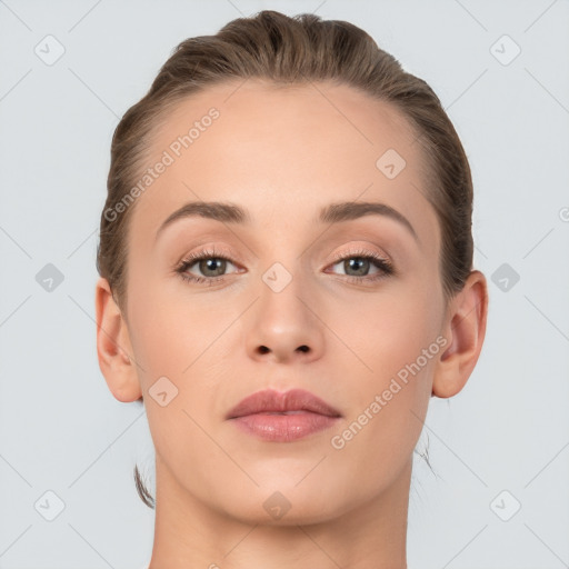 Neutral white young-adult female with medium  brown hair and brown eyes