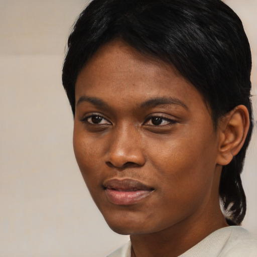 Joyful black young-adult female with short  black hair and brown eyes
