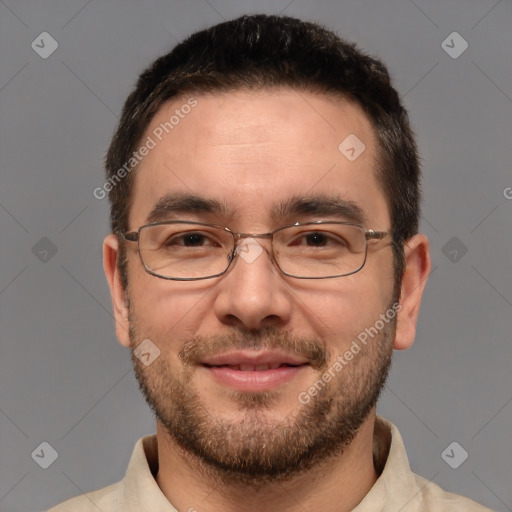 Joyful white adult male with short  brown hair and brown eyes