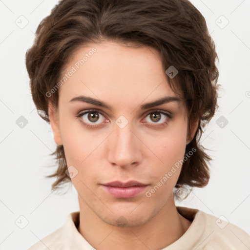 Neutral white young-adult female with short  brown hair and brown eyes