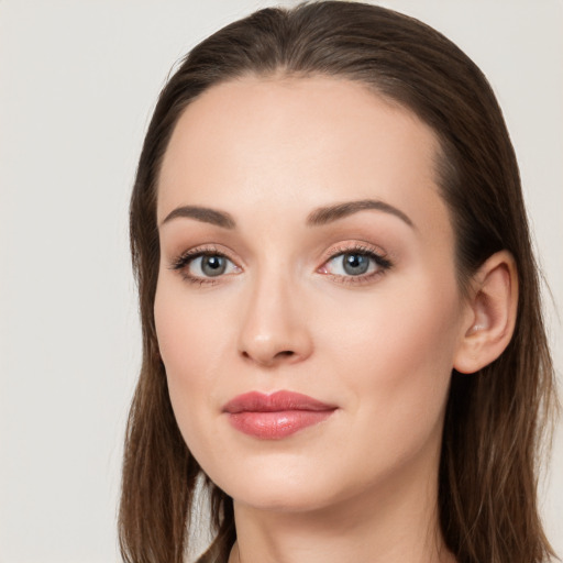 Neutral white young-adult female with long  brown hair and grey eyes