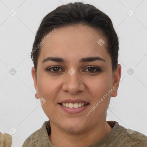 Joyful white young-adult female with short  brown hair and brown eyes