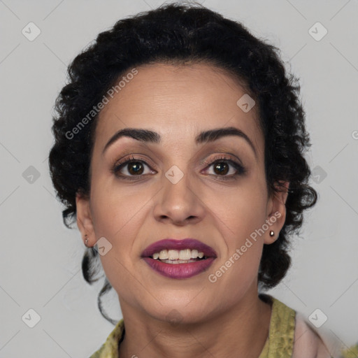 Joyful latino young-adult female with short  brown hair and brown eyes