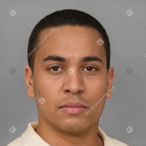 Neutral latino young-adult male with short  brown hair and brown eyes