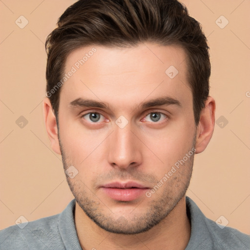 Neutral white young-adult male with short  brown hair and brown eyes