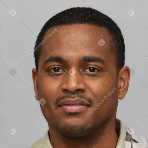 Neutral black young-adult male with short  black hair and brown eyes
