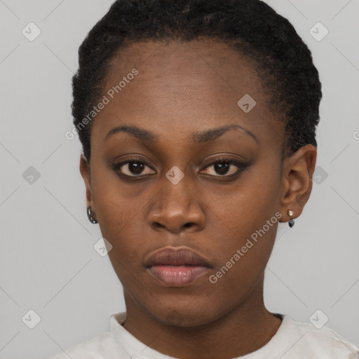 Neutral black young-adult female with short  black hair and brown eyes