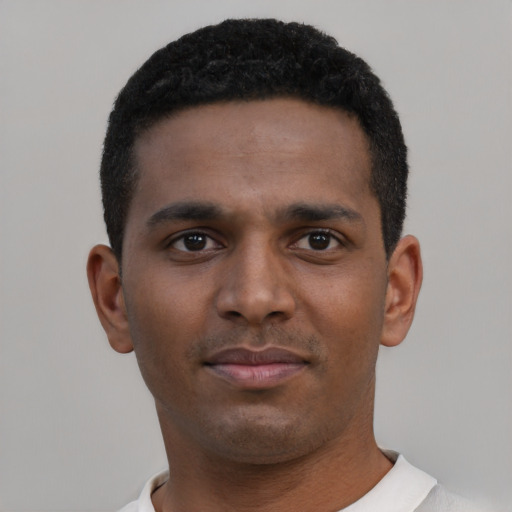 Neutral black young-adult male with short  brown hair and brown eyes