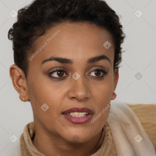 Joyful black young-adult female with short  brown hair and brown eyes