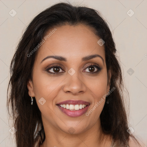 Joyful latino young-adult female with long  brown hair and brown eyes