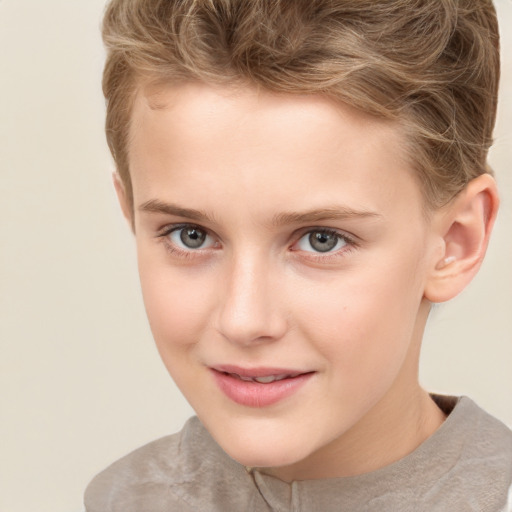 Joyful white child female with short  brown hair and brown eyes