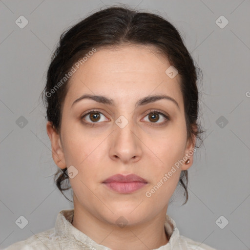 Neutral white young-adult female with medium  brown hair and brown eyes