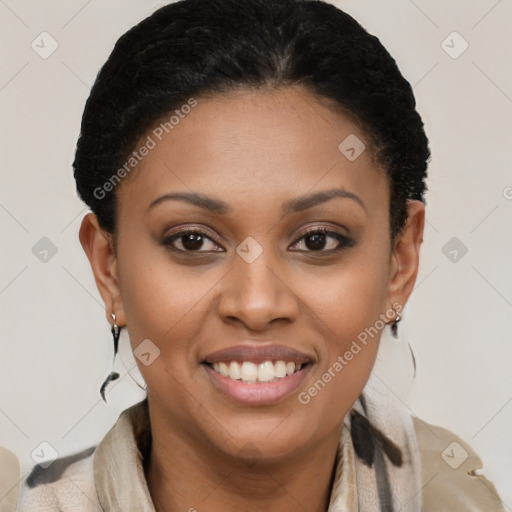 Joyful latino young-adult female with short  brown hair and brown eyes