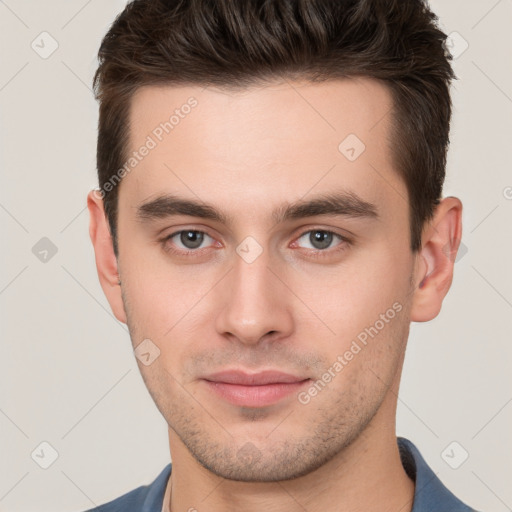 Neutral white young-adult male with short  brown hair and brown eyes