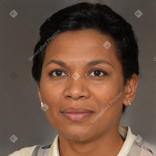 Joyful black adult female with short  brown hair and brown eyes