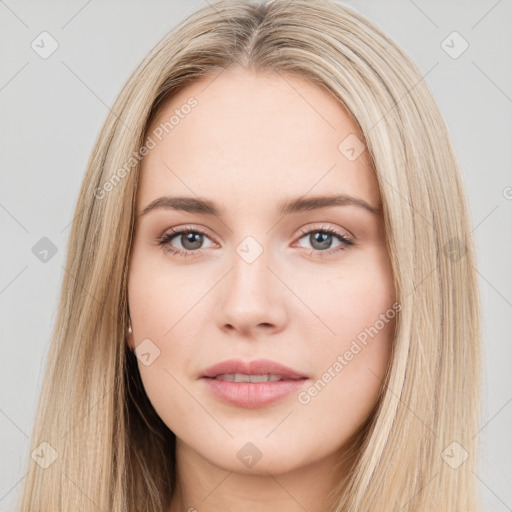 Neutral white young-adult female with long  brown hair and brown eyes