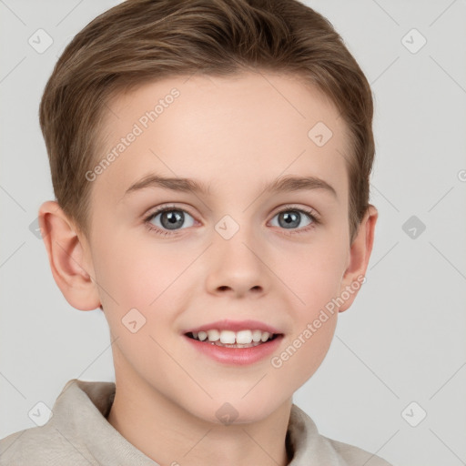 Joyful white child female with short  brown hair and grey eyes