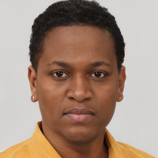Neutral black young-adult female with short  brown hair and brown eyes