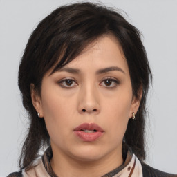 Neutral asian young-adult female with medium  black hair and brown eyes