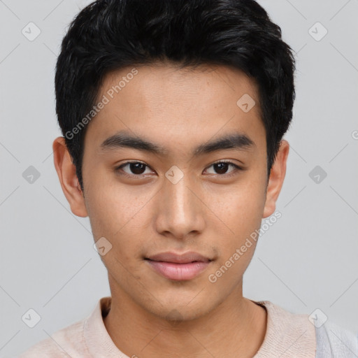 Neutral latino young-adult male with short  black hair and brown eyes