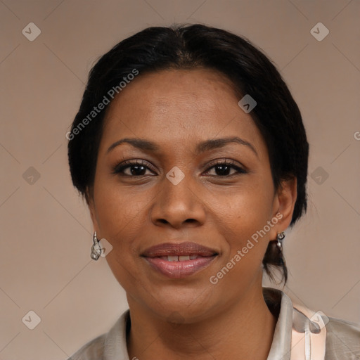 Joyful black young-adult female with medium  black hair and brown eyes