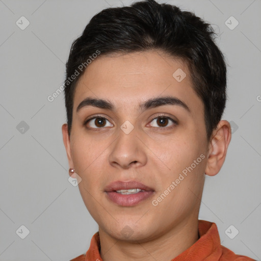 Joyful white young-adult male with short  brown hair and brown eyes