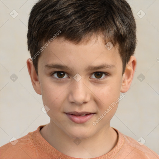 Joyful white child male with short  brown hair and brown eyes