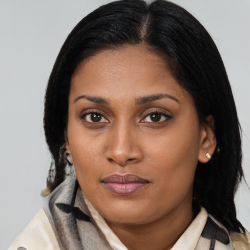Joyful black young-adult female with medium  brown hair and brown eyes