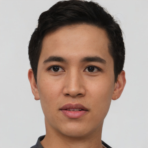 Neutral asian young-adult male with short  black hair and brown eyes