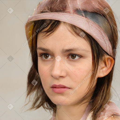 Neutral white young-adult female with medium  brown hair and brown eyes