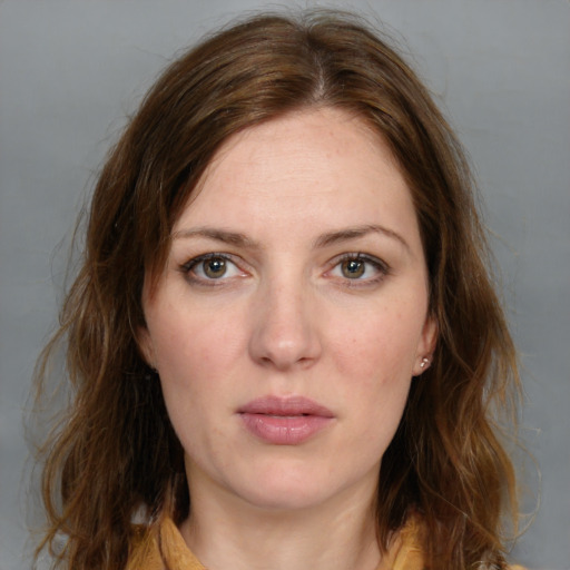 Neutral white young-adult female with medium  brown hair and green eyes