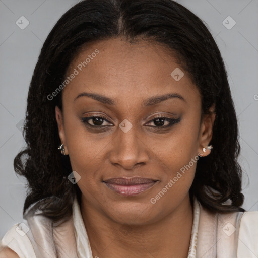 Joyful black young-adult female with medium  brown hair and brown eyes
