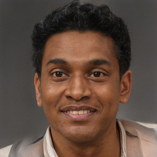 Joyful latino adult male with short  black hair and brown eyes