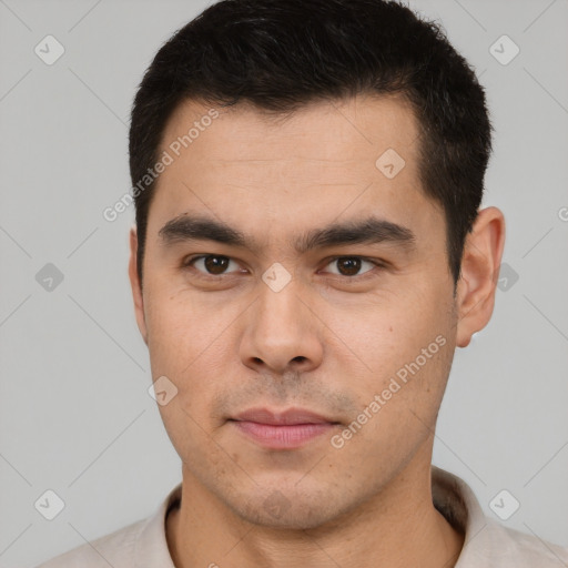 Neutral latino young-adult male with short  brown hair and brown eyes