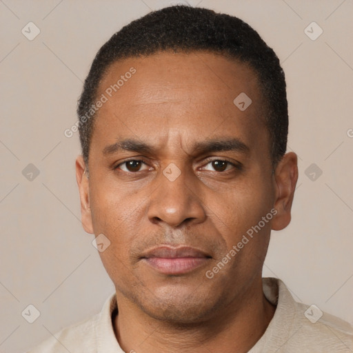 Neutral black adult male with short  black hair and brown eyes
