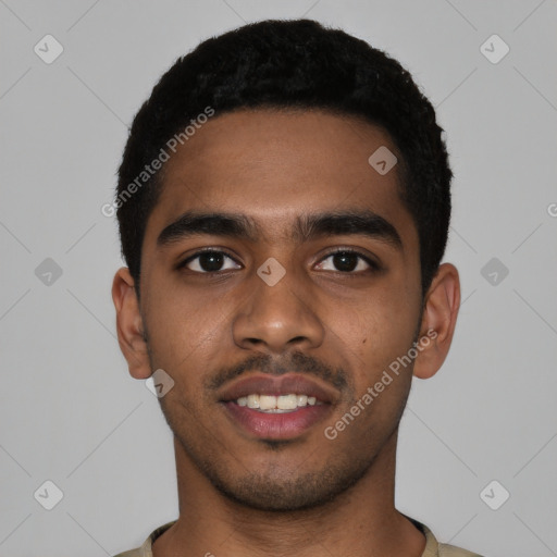 Joyful latino young-adult male with short  black hair and brown eyes