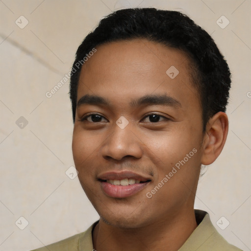 Joyful latino young-adult male with short  black hair and brown eyes