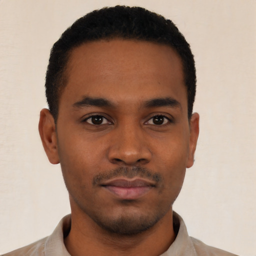 Neutral black young-adult male with short  black hair and brown eyes