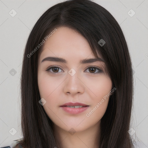 Neutral white young-adult female with long  brown hair and brown eyes