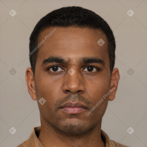 Neutral latino young-adult male with short  black hair and brown eyes