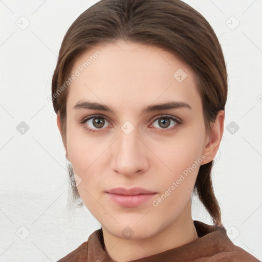 Neutral white young-adult female with medium  brown hair and brown eyes